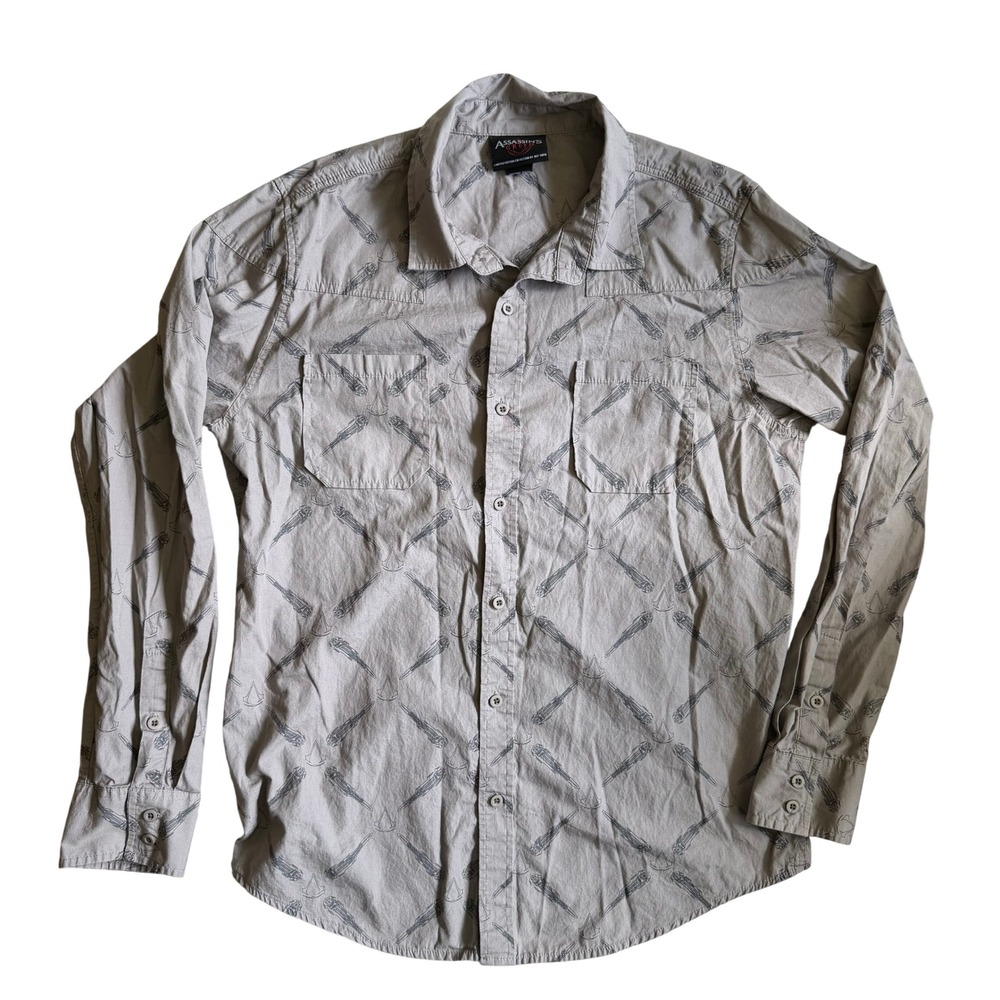 Assassin's Creed Gamer Streetwear Mens Button Down Shirt Gray 100% Cotton LG